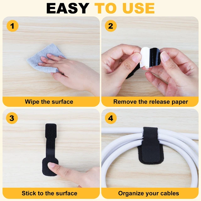 Alt view image 5 of 7 - Under Desk Cable Management, Reusable Wire Organizers, 40 Pack Self Adhesive Hook & Loop Ties with Strong Sticky Backing, Reusable Cord Organizers, Cable Straps for Home Office PC