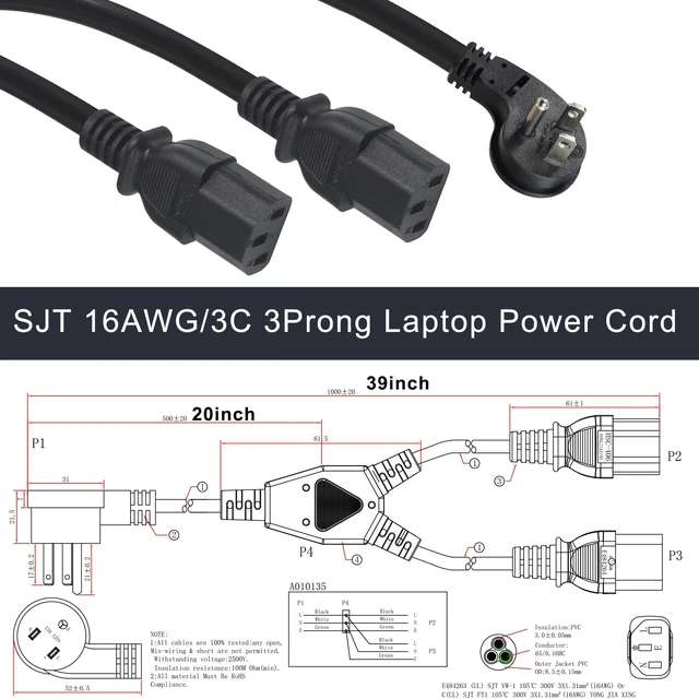 Alt view image 2 of 7 - Computer Power Cord Splitter, 3FT Flat Plug NEMA 5-15P to 2X IEC60320 C13 Female 2 Ways Outlet AC Power Cord, SJT 16AWG Universal Laptop 3 Prong Power Cable, Spliiter for Monitor/TV/Printer