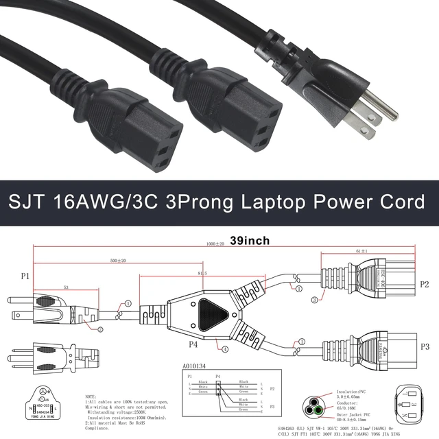 Alt view image 2 of 7 - Computer Y Splitter Power Cord, 3FT NEMA 5-15P to 2X IEC60320 C13 Female 2 Ways Outlet AC Power Cord, SJT 16AWG Universal Laptop 3 Prong Power Cable, C13 Y Spliiter for Monitor/TV/Printer
