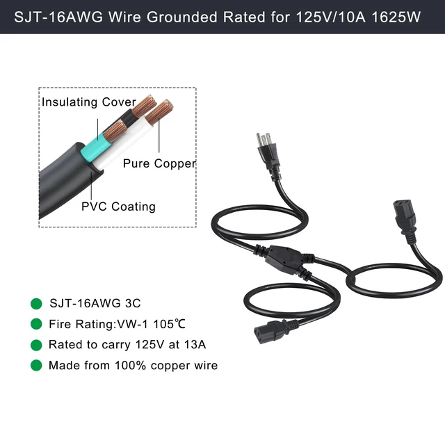 Alt view image 7 of 7 - Computer Y Splitter Power Cord, 3FT NEMA 5-15P to 2X IEC60320 C13 Female 2 Ways Outlet AC Power Cord, SJT 16AWG Universal Laptop 3 Prong Power Cable, C13 Y Spliiter for Monitor/TV/Printer