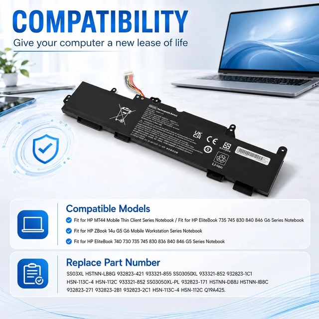 Alt view image 3 of 7 - SS03XL 933321-855 Battery for Hp EliteBook 840 G5 G6 EliteBook 11.55V 50Wh Battery for 730 735 740 745 830 846 ZBook 14U HSN-I12C HSN-I13C-4 HSTNN-LB8G 932823-421 933321-852