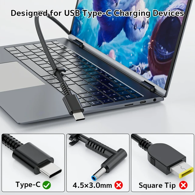 Alt view image 2 of 7 - 65W 45W USB-C Laptop Charger Replacement for HP Spectre x360 Envy 15 EliteBook X360 1030 G4 Pavilion ProBook ZBook Chromebook Fast Power Adapter (Type-C)