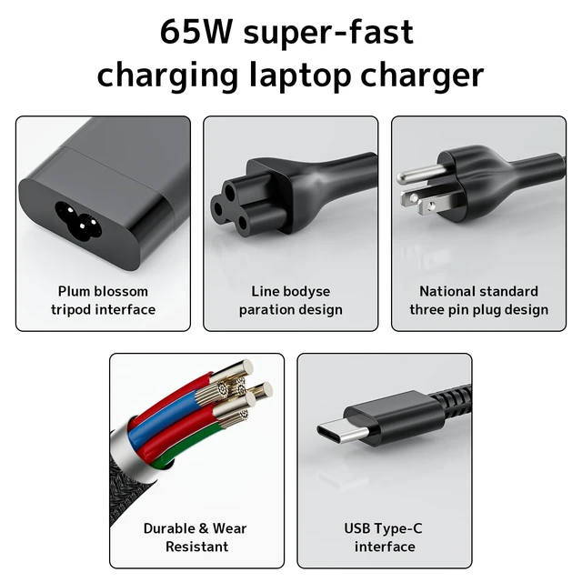 Alt view image 4 of 7 - 65W 45W USB-C Laptop Charger Replacement for HP Spectre x360 Envy 15 EliteBook X360 1030 G4 Pavilion ProBook ZBook Chromebook Fast Power Adapter (Type-C)