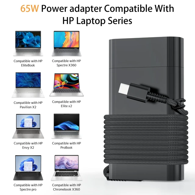 Alt view image 6 of 7 - 65W 45W USB-C Laptop Charger Replacement for HP Spectre x360 Envy 15 EliteBook X360 1030 G4 Pavilion ProBook ZBook Chromebook Fast Power Adapter (Type-C)
