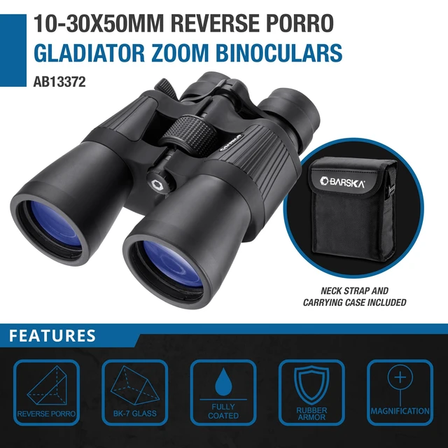 Alt view image 3 of 6 - Gladiator 10-30x50mm Zoom Binoculars Reverse Porro Prism, Fully Coated Optics, BK-7 Prisms, Large Focus Knob, Rubber Armor, Includes Case & Strap