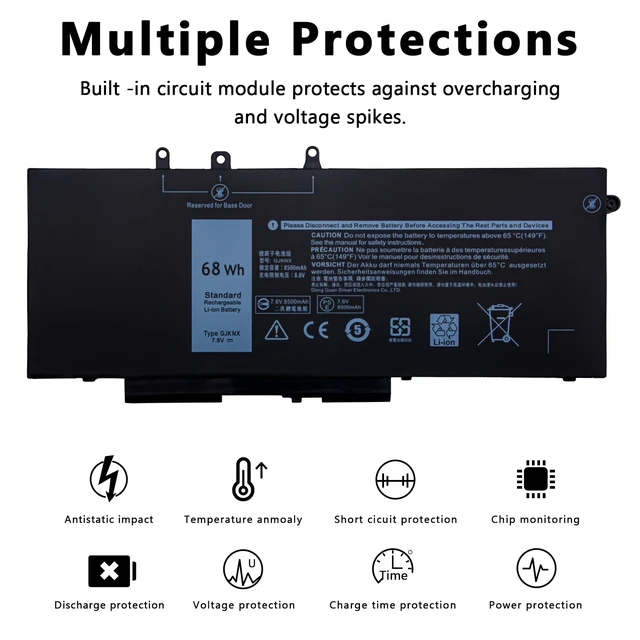 Alt view image 3 of 7 - 68Wh GJKNX Laptop Battery Replacement for Dell Latitude 5480 5580 5490 5590 5491 5591 5280 5288 5488 5495 E5480 E5580 E5490 E5590 Precision 15 3520 3530 Series GD1JP 0GD1JP DY9NT 5YHR4 451-BBZG 7.6V