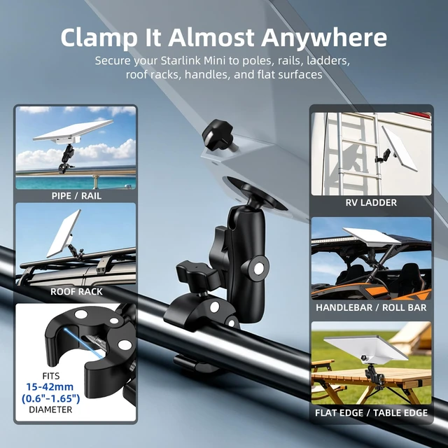 Alt view image 4 of 7 - Starlink Mini Mount, Aluminum Alloy Pipe Rail Clamp Mount Adapter Compatible with RV Camper, Boat, Jeep, UTV, Ladder, Roof Rack, Pole, Rail, Handlebar for Starlink Mini Roam Accessories (2025/2026)