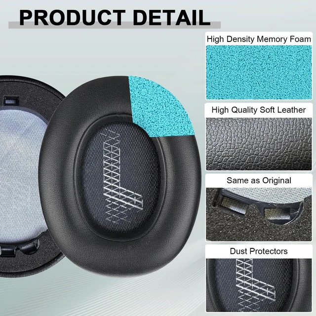 Alt view image 4 of 7 - Replacement Ear Pads for JBL E65 (E65BT E65BTNC)/Live 650 (650NC 650BTNC)/Live 660 (660NC 660BTNC)/Duet NC Over-Ear Headphones, Headset Ear Cushions, Headset Earpads, Ear Cups Cover-Black