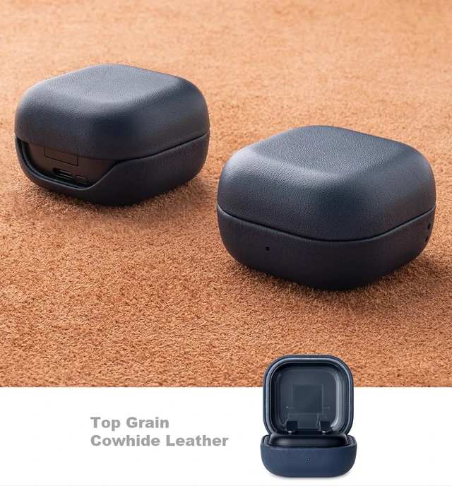Alt view image 2 of 7 - Leather Case for Samsung Galaxy Buds4 & Buds 4 Pro (2026) - Blue Made of Top Grain Leather - Handmade Drop Protection Hard Shell Cover - Samsung Buds 4 Case Cover with Lanyard (Not for buds3