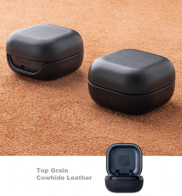 Alt view image 2 of 7 - Leather Case for Samsung Galaxy Buds4 & Buds 4 Pro (2026) - Black Made of Top Grain Leather - Handmade Drop Protection Hard Shell Cover - Samsung Buds 4 Case Cover with Lanyard (Not for buds3