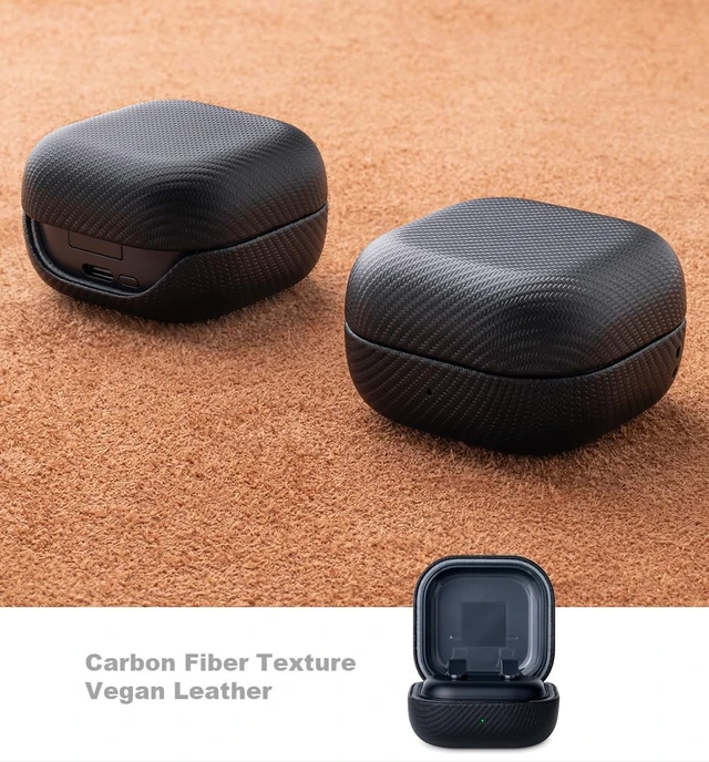 Alt view image 2 of 7 - Case for Samsung Galaxy Buds4 & Buds 4 Pro (2026) - Black Made of Vegan Leather, Carbon Fiber Style, Handmade Drop Protection Hard Shell Cover - Samsung Buds 4 Case Cover with Lanyard