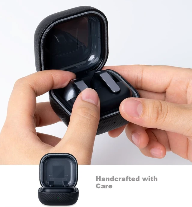 Alt view image 4 of 7 - Case for Samsung Galaxy Buds4 & Buds 4 Pro (2026) - Black Made of Vegan Leather, Carbon Fiber Style, Handmade Drop Protection Hard Shell Cover - Samsung Buds 4 Case Cover with Lanyard
