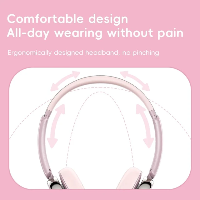 Alt view image 7 of 7 - Anytime Active Noise Cancelling Bluetooth 5.4 Retro Headphones, 58H Playtime, with Microphone,Light Weight Earphones Comfort Headsets for Travel,Home (Pink)