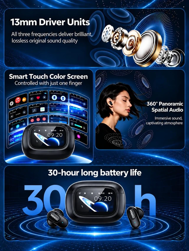 Alt view image 3 of 7 - MS126 Smart Touchscreen Wireless Earbuds, Bluetooth 6.0 Headphones, ENC Noise Canceling, Spatial Audio, 30H Playtime, in-Ear Earphones for Travel/Sports/Study/Business/Daily Life