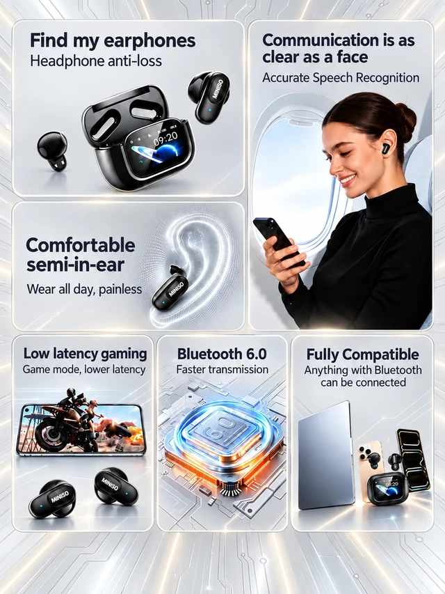 Alt view image 6 of 7 - MS126 Smart Touchscreen Wireless Earbuds, Bluetooth 6.0 Headphones, ENC Noise Canceling, Spatial Audio, 30H Playtime, in-Ear Earphones for Travel/Sports/Study/Business/Daily Life