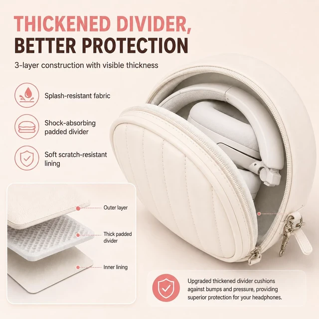 Alt view image 3 of 7 - Soft-Touch Headphone Case for Sony, for JBL and for BERIBES-White Silky Microfiber and Thick Padded Divider Cushion Foldable Headsets; Cable Pocket Keeps Chargers Organized,Case Only