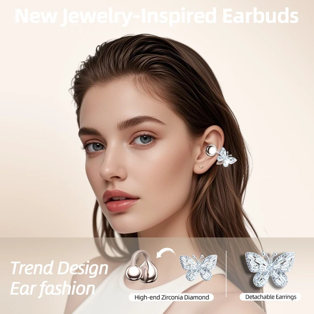 Alt view image 2 of 7 - Jewelry-Inspired Clip On Earbuds,Comfortable Fit Open Ear Clip-On Headphones,Wireless Bluetooth Ear Cuff Headphones for Women,Earrings Earbuds for Running,Office,Sport&Gift (Butterfly - Rose Gold)