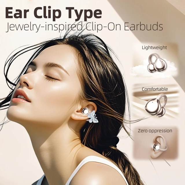 Alt view image 3 of 7 - Jewelry-Inspired Clip On Earbuds,Comfortable Fit Open Ear Clip-On Headphones,Wireless Bluetooth Ear Cuff Headphones for Women,Earrings Earbuds for Running,Office,Sport&Gift (Butterfly - Rose Gold)