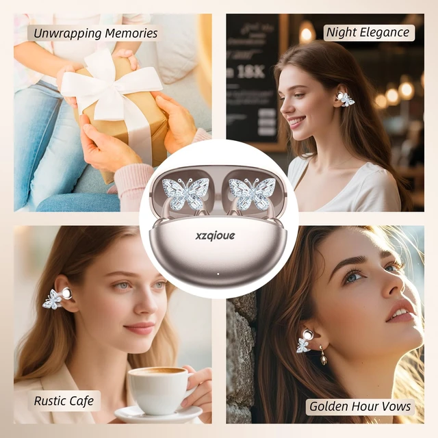 Alt view image 7 of 7 - Jewelry-Inspired Clip On Earbuds,Comfortable Fit Open Ear Clip-On Headphones,Wireless Bluetooth Ear Cuff Headphones for Women,Earrings Earbuds for Running,Office,Sport&Gift (Butterfly - Rose Gold)