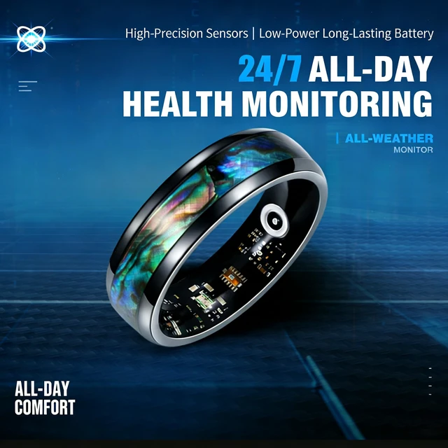 Alt view image 2 of 7 - Smart Ring for Women Men, Sleep Activity Tracker Waterproof 8# Titanium Steel with Abalone Shell, Heart Rate Monitor, IP68 Waterproof, No Subscription, Wireless Charging, iOS & Android