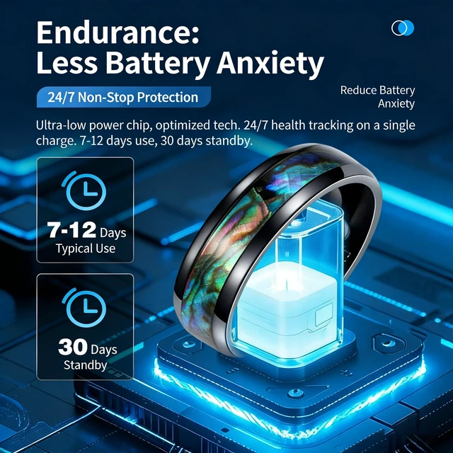 Alt view image 4 of 7 - Smart Ring for Women Men, Sleep Activity Tracker Waterproof 8# Titanium Steel with Abalone Shell, Heart Rate Monitor, IP68 Waterproof, No Subscription, Wireless Charging, iOS & Android