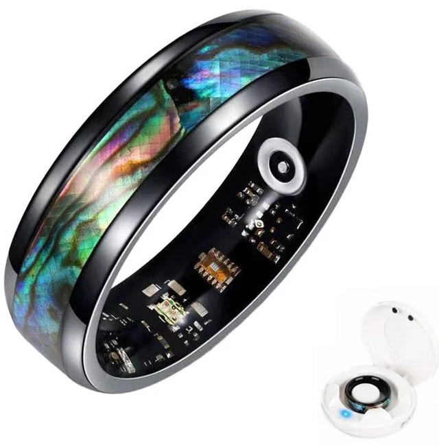 Main image of Smart Ring for Women Men, Sleep Activity Tracker Waterproof 8# Titanium Steel with Abalone Shell, Heart Rate Monitor, IP68 Waterproof, No Subscription, Wireless Charging, iOS & Android
