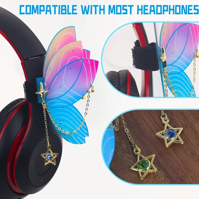 Alt view image 3 of 7 - Butterfly Headphone Accessories Cute 3D Acrylic Bows for Headphones with Gold Chains & Rhinestones, Velcro Fits Most Over-Ear Headphones (Blue)