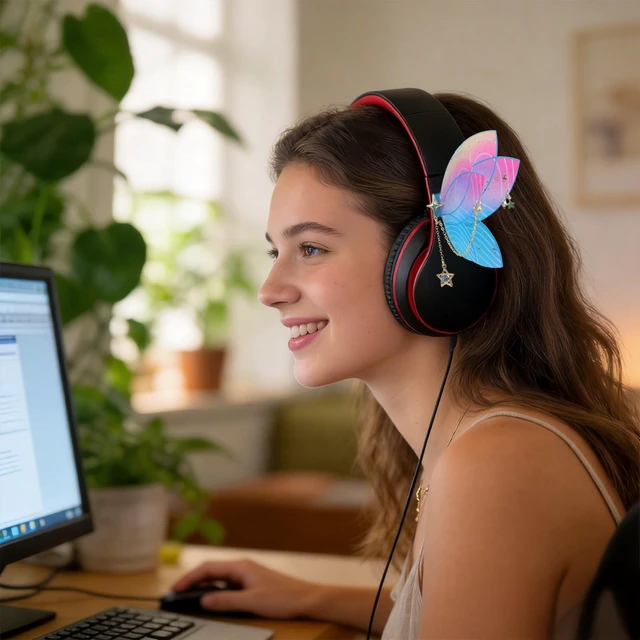 Alt view image 4 of 7 - Butterfly Headphone Accessories Cute 3D Acrylic Bows for Headphones with Gold Chains & Rhinestones, Velcro Fits Most Over-Ear Headphones (Blue)
