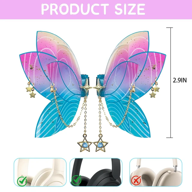 Alt view image 2 of 7 - Butterfly Headphone Accessories Cute 3D Acrylic Bows for Headphones with Gold Chains & Rhinestones, Velcro Fits Most Over-Ear Headphones (Blue)