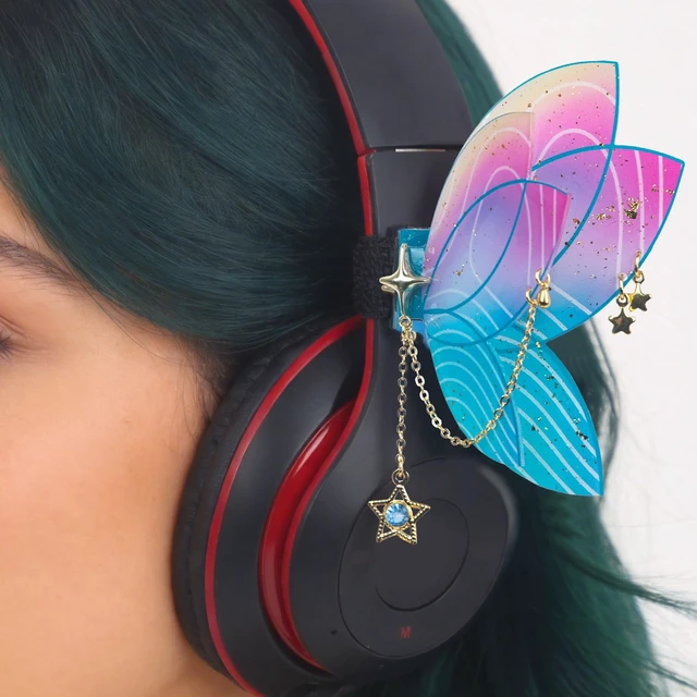 Alt view image 6 of 7 - Butterfly Headphone Accessories Cute 3D Acrylic Bows for Headphones with Gold Chains & Rhinestones, Velcro Fits Most Over-Ear Headphones (Blue)