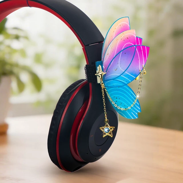 Alt view image 5 of 7 - Butterfly Headphone Accessories Cute 3D Acrylic Bows for Headphones with Gold Chains & Rhinestones, Velcro Fits Most Over-Ear Headphones (Blue)