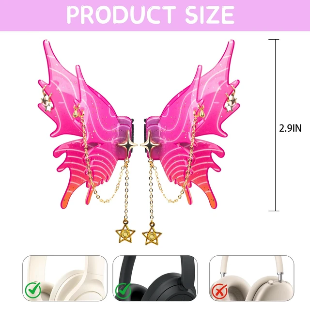 Alt view image 2 of 7 - Butterfly Headphone Accessories Cute 3D Acrylic Bows for Headphones with Gold Chains & Rhinestones, Velcro Fits Most Over-Ear Headphones (Pink)