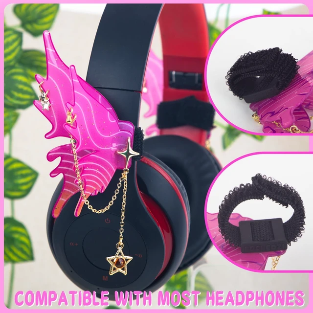 Alt view image 3 of 7 - Butterfly Headphone Accessories Cute 3D Acrylic Bows for Headphones with Gold Chains & Rhinestones, Velcro Fits Most Over-Ear Headphones (Pink)