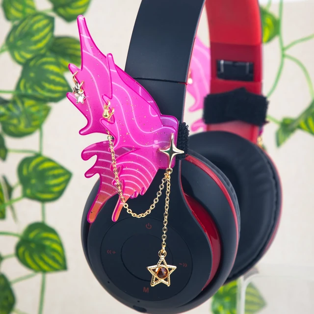 Alt view image 4 of 7 - Butterfly Headphone Accessories Cute 3D Acrylic Bows for Headphones with Gold Chains & Rhinestones, Velcro Fits Most Over-Ear Headphones (Pink)