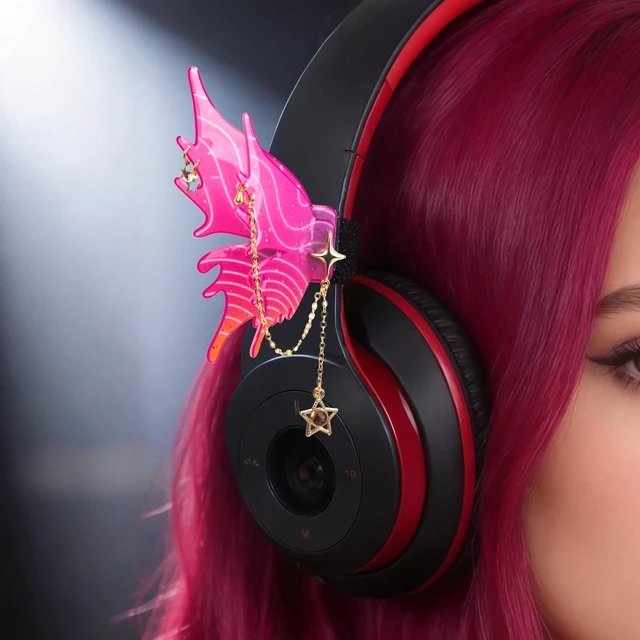 Alt view image 5 of 7 - Butterfly Headphone Accessories Cute 3D Acrylic Bows for Headphones with Gold Chains & Rhinestones, Velcro Fits Most Over-Ear Headphones (Pink)