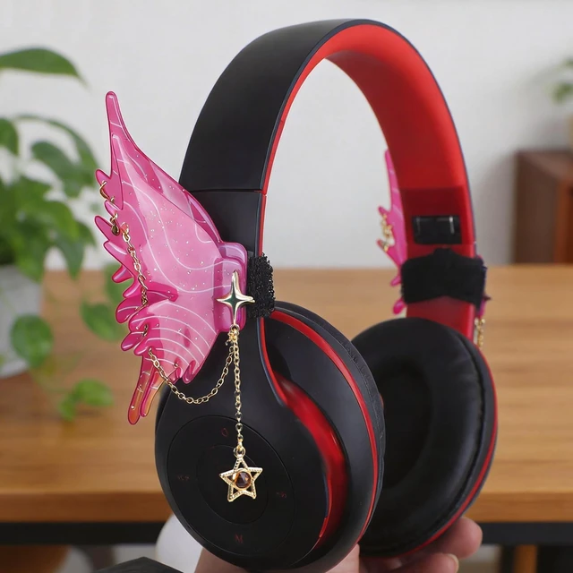 Alt view image 6 of 7 - Butterfly Headphone Accessories Cute 3D Acrylic Bows for Headphones with Gold Chains & Rhinestones, Velcro Fits Most Over-Ear Headphones (Pink)