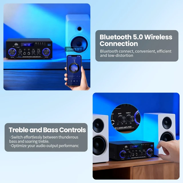 Alt view image 4 of 7 - AK-50 Bluetooth5.0 Audio Amplifiers Home Stereo Amp 60WX2 Max.400W Output 2.0 Channel Mini Power Amplifier Speaker Amps Receivers with FM Radio,Echo,MIC,USB,SD Input for Home Audio