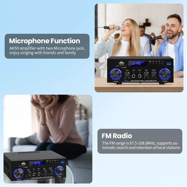 Alt view image 5 of 7 - AK-50 Bluetooth5.0 Audio Amplifiers Home Stereo Amp 60WX2 Max.400W Output 2.0 Channel Mini Power Amplifier Speaker Amps Receivers with FM Radio,Echo,MIC,USB,SD Input for Home Audio