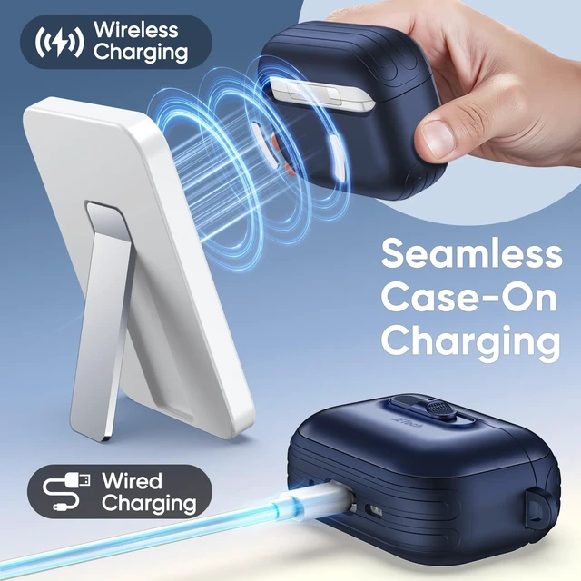 Alt view image 7 of 7 - Slide-Lock Magnetic Case for AirPods Pro 3, Blue Cover Compatible with MagSafe, Keychain Included, Powerful Drop Protection, Front LED Visible