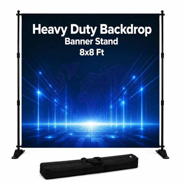 Main image of Heavy Duty Backdrop Banner Stand 8x8 Ft Adjustable Frame 8x8 Ft backdrop stand with adjustable frame and carrying bag, ideal for photo booths, parties, trade shows, and exhibitions