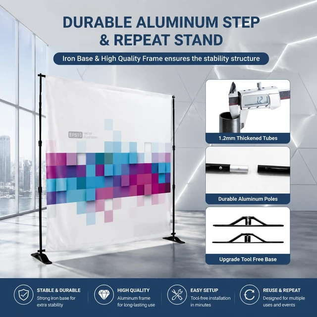 Alt view image 3 of 7 - Heavy Duty Backdrop Banner Stand 8x8 Ft Adjustable Frame 8x8 Ft backdrop stand with adjustable frame and carrying bag, ideal for photo booths, parties, trade shows, and exhibitions