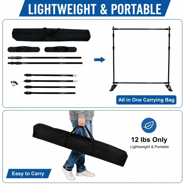 Alt view image 4 of 7 - Heavy Duty Backdrop Banner Stand 8x8 Ft Adjustable Frame 8x8 Ft backdrop stand with adjustable frame and carrying bag, ideal for photo booths, parties, trade shows, and exhibitions