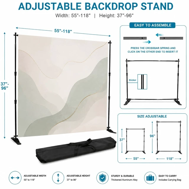 Alt view image 2 of 7 - Heavy Duty Backdrop Banner Stand 8x8 Ft Adjustable Frame 8x8 Ft backdrop stand with adjustable frame and carrying bag, ideal for photo booths, parties, trade shows, and exhibitions