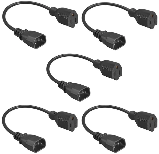 Main image of IEC 320 C14 to NEMA 5-15R Power Cord, 5-Pack, 1FT 18AWG, 10-15A 125/250V, UL Listed, For Server, PDU, UPS, Desktop, Monitor