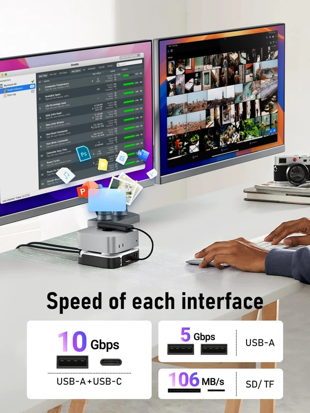 Alt view image 3 of 7 - 9-in-1 Mac mini M4 Dock, Dual 4K@60Hz HDMI 2.0 & DP 1.4 10Gbps M.2 NVMe Slot, 10Gbps USB-C & USB-A, 2X USB-A 3.0, SD/TF 2.0 Card Reader, Compatible with Mac mini M4/M4 Pro