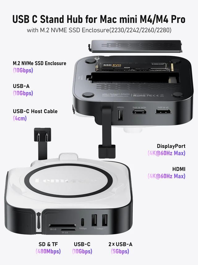 Alt view image 4 of 7 - 9-in-1 Mac mini M4 Dock, Dual 4K@60Hz HDMI 2.0 & DP 1.4 10Gbps M.2 NVMe Slot, 10Gbps USB-C & USB-A, 2X USB-A 3.0, SD/TF 2.0 Card Reader, Compatible with Mac mini M4/M4 Pro
