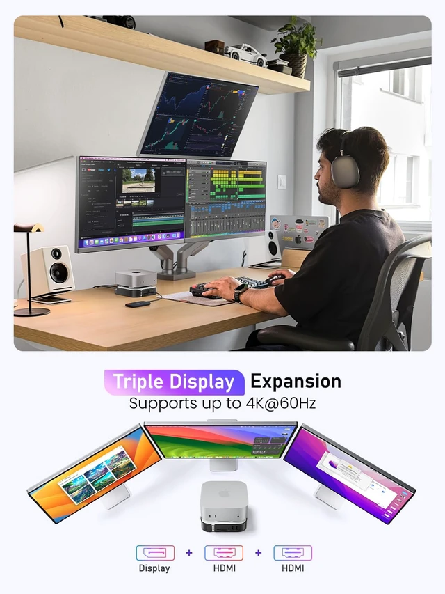 Alt view image 6 of 7 - 9-in-1 Mac mini M4 Dock, Dual 4K@60Hz HDMI 2.0 & DP 1.4 10Gbps M.2 NVMe Slot, 10Gbps USB-C & USB-A, 2X USB-A 3.0, SD/TF 2.0 Card Reader, Compatible with Mac mini M4/M4 Pro