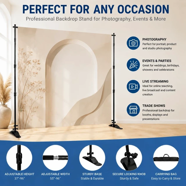 Alt view image 6 of 7 - Heavy Duty Backdrop Banner Stand 8x8 Ft Adjustable Frame 8x8 Ft backdrop stand with adjustable frame and carrying bag, ideal for photo booths, parties, trade shows, and exhibitions