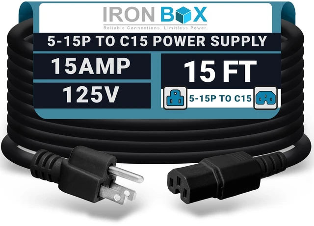 Main image of IronBox Electric - Heavy-Duty 5-15P to C15 Power Supply Cable - 15A 125V, 14/3 SJT Cord - Male End 5-15 Plug/Female End C15 Connector - UL Listed PC Power Cord - (Black,15 Foot)