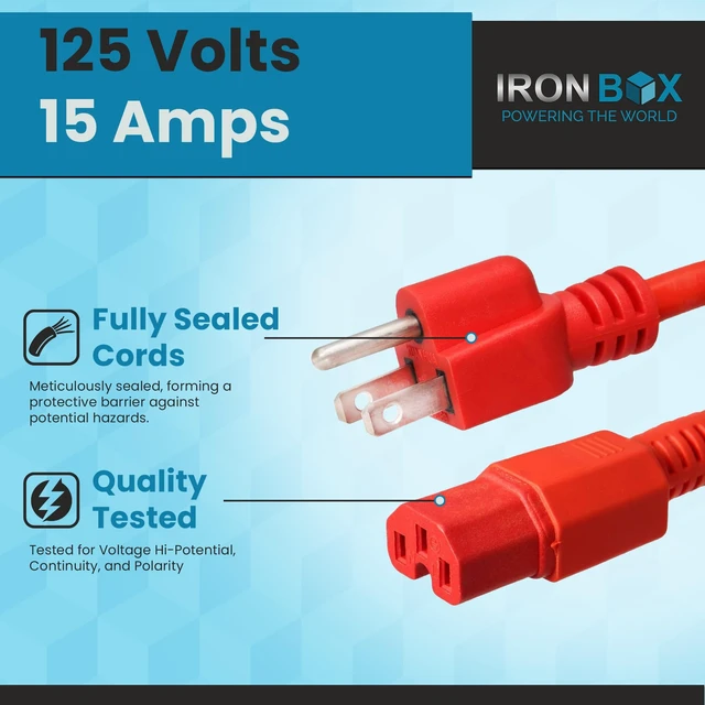 Alt view image 4 of 7 - IronBox Electric - Heavy-Duty 5-15P to C15 Power Supply Cable - 15A 125V, 14/3 SJT Cord - Male End 5-15 Plug/Female End C15 Connector - UL Listed PC Power Cord - (Black,15 Foot)